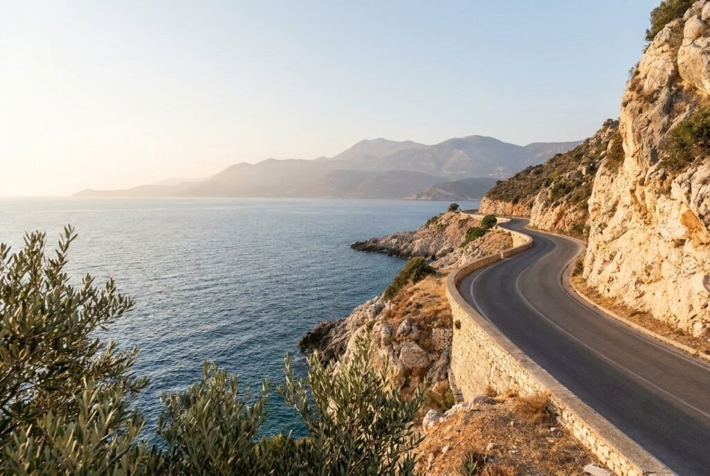 Winding coastal road above a calm sea — AI-generated editorial illustration