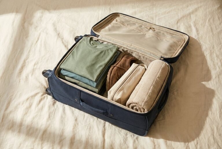 Open carry-on suitcase with folded clothes and travel essentials