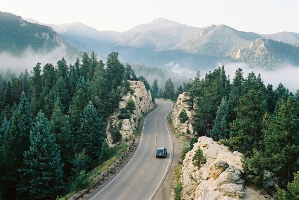 Scenic road through pine forest toward hazy mountains