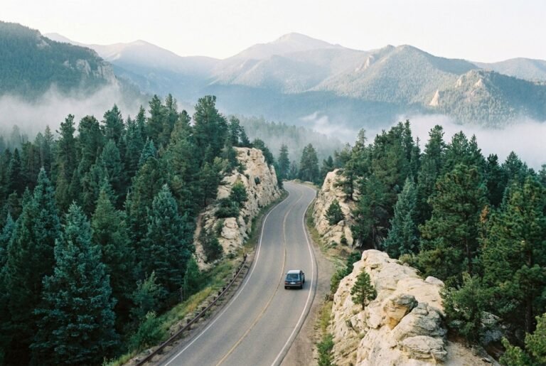 Scenic road through pine forest toward hazy mountains