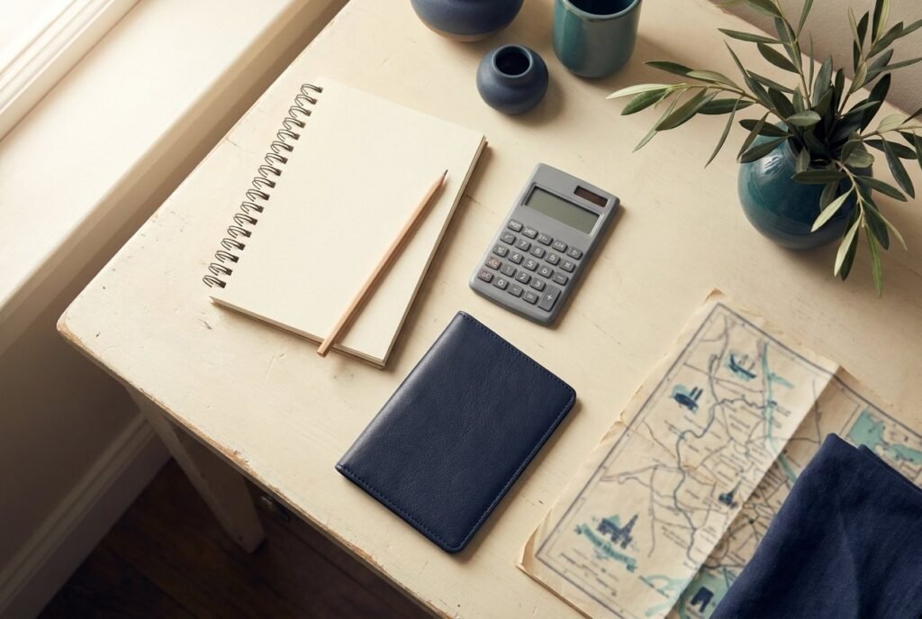 Blank notebook, calculator and plain travel document cover on a sunlit desk