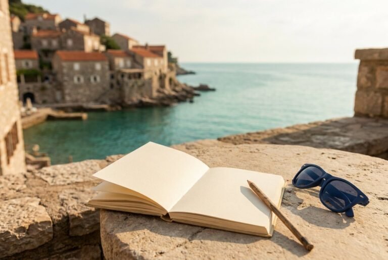 Blank travel journal overlooking a coastal town and sea